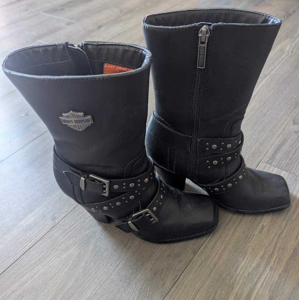 Harley Davidson Black Leather Biker Motorcycle Grunge Subversive Boots 5.5